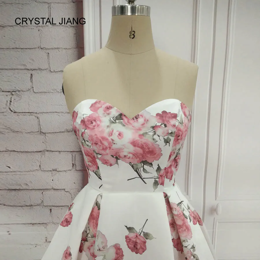 Simple Design Sweetheart Vestido Coctel White Floral Printed Natural Waist Short Party Gown