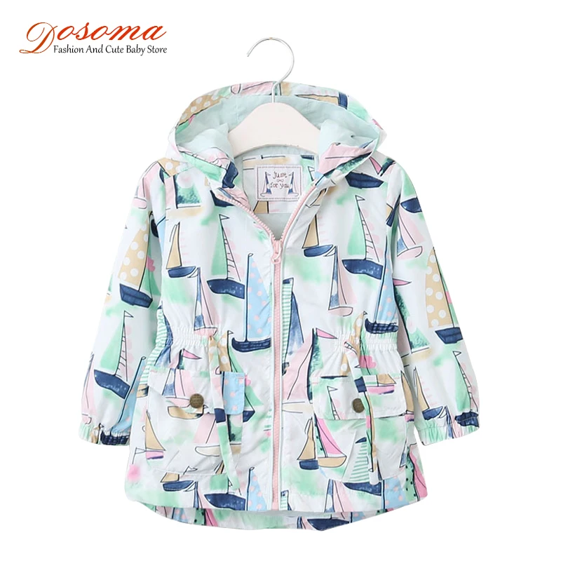 

DOSOMA 2018 Spring Fashion Waist Jackets For Girls Spring Sailboat Printed Coats With Hooded Windbreaker For Outerwear Girls