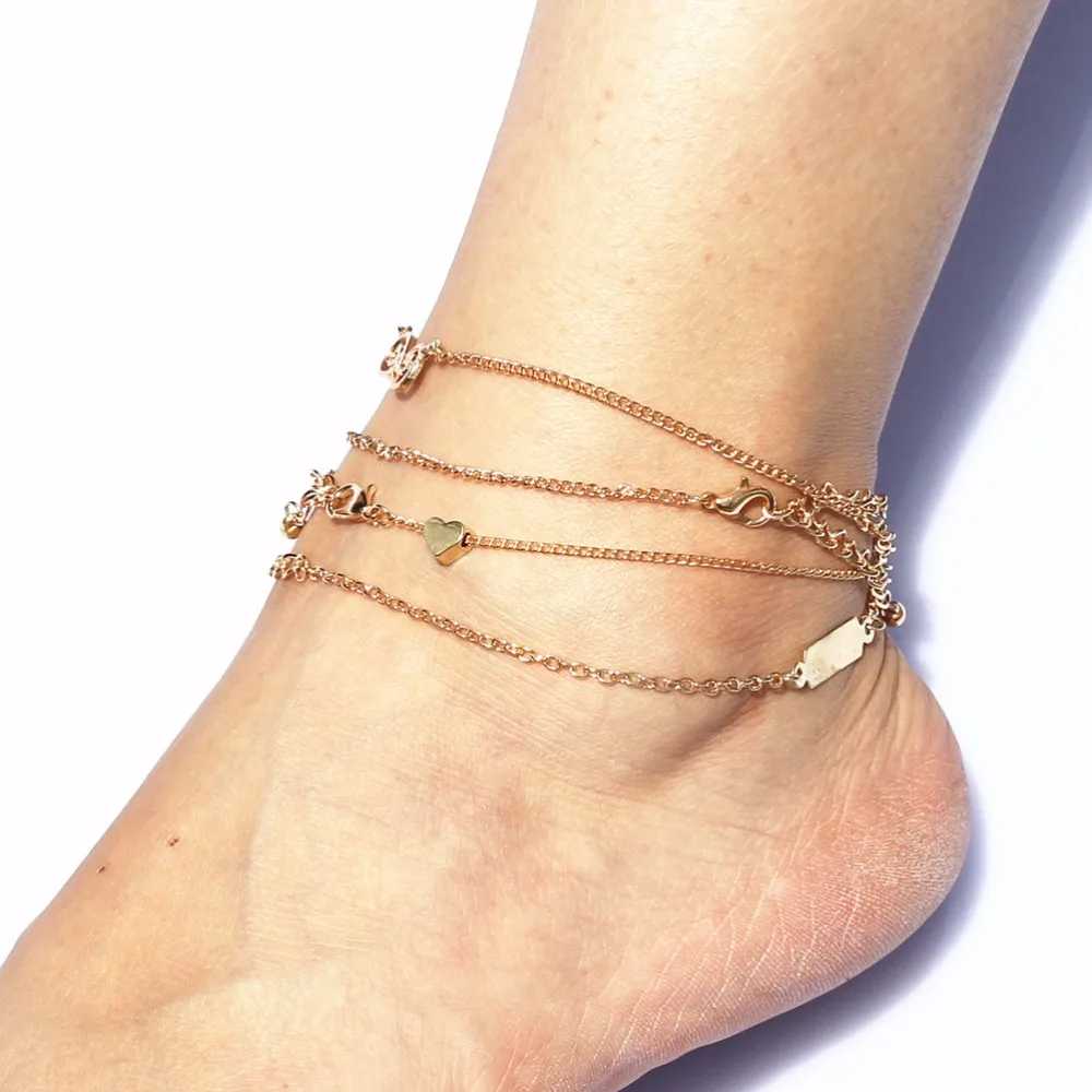 

2018 1 Set= 6 Pcs Fashion Girls Metal Long Anklets Chain Shining Heart Bow-Knot Shape Women Accessories Pendant Foot Chain
