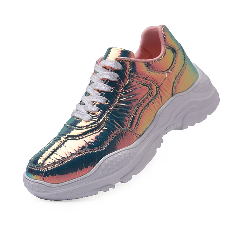 

Loveontop Women Sneakers Shoes Spring Autumn Pink Shiny Bling Woman Vulcanize Shoes Flats Glinted PU Lace Up Women's Sneakers