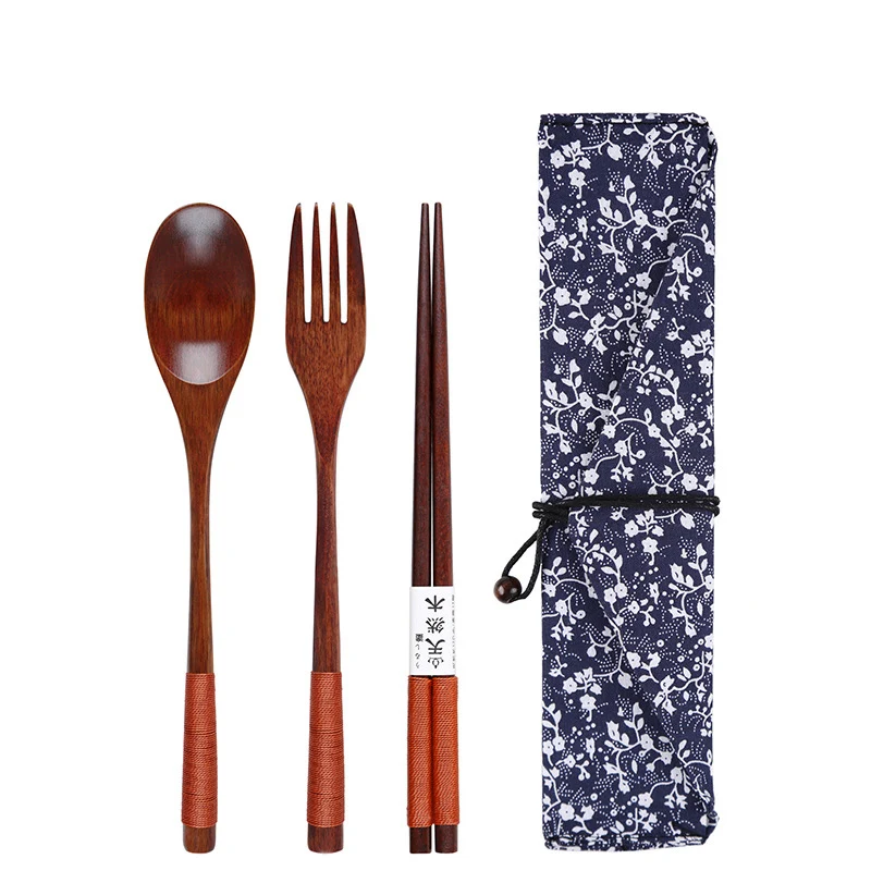 

3pcs Japan Korean Style Wooden Dinnerware Set Eco-friendly Spoon Fork Chopsticks Sets with Cloth Pack for Outdoor Travel School