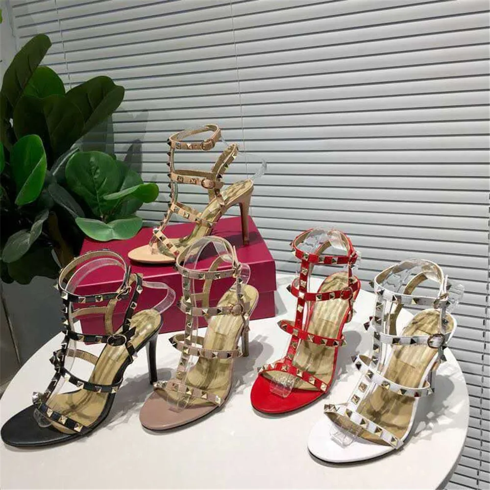 

Cow Leather Women's Sandals Thin Heels Summer Sandals Rivet Ankle Straps High Heels Pumps Top Quality Women's Shoes