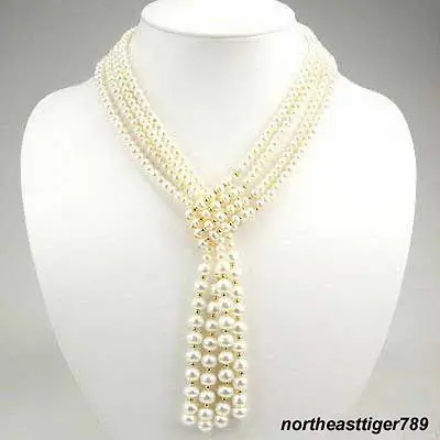 

Hot sale Free Shipping>>>4 Rows Genuine White Pearl 18KGP Beads Wide Tie necklace