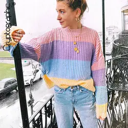 Криптографических негабаритных свитера женщин вязаная одежда Лоскутные модные Макарон пуловеры женский джемпер 2018 зима тянуть пот