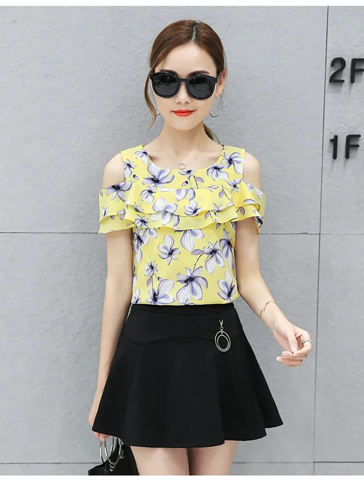 Blusas Femininas 2018 Women Open Shoulder Tops Female Casual Short Sleeve Chiffon Blouses Print Floral Shirts Ladies Tops (9)