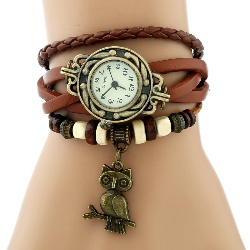 Gnova Platinum Leather Bracelet Women Watch Bronze OWL charm Vintage Ethnic Quartz Fashion Wristwatch A731 multicolor owl charm bracelet 3pcs
