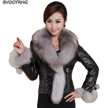 Осенне-зимняя куртка из искусственной кожи женская модная теплая короткая куртка с меховым воротником Женская тонкая куртка женская куртка из искусственной кожи K0016