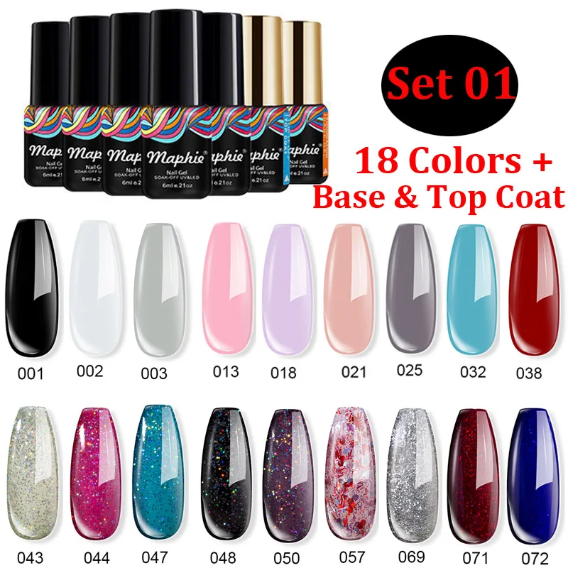 

Maphie 20PCS/LOT Semi Permanent UV Gel Polish Nail Art Gel Kits With Base Top Coat Nail Varnish Gel Set Shiny Glitter UV Gel