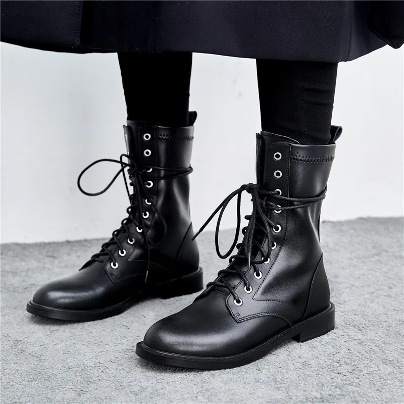 

YMECHIC Black Genuine Leather Footwear Woman Low Block Heel Ankle Lace Up Motorcycle Military Combat Boots Shoes Autumn 2018