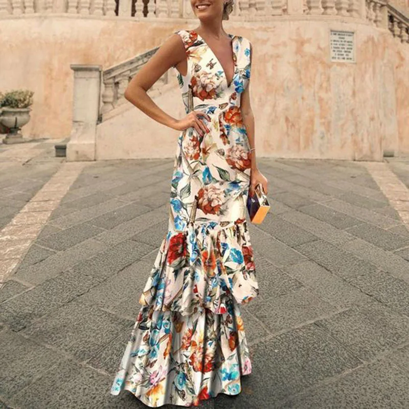 

Dresses Woman Party Elegant Fashion Women's Vest Deep V-neck Slim Bag Hip Ruffled Print Summer Dress Vestitini Estivi Donna