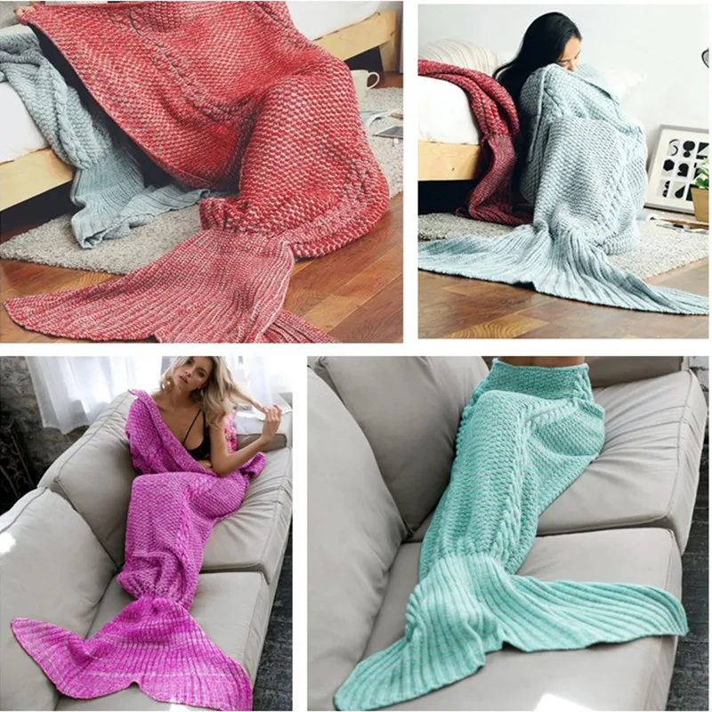 Трикотажное одеяло «хвост русалки» для женщин, супер мягкое спальное одеяло ручной работы, вязаное крючком, не скатывается, переносное одеяло для весны и осени