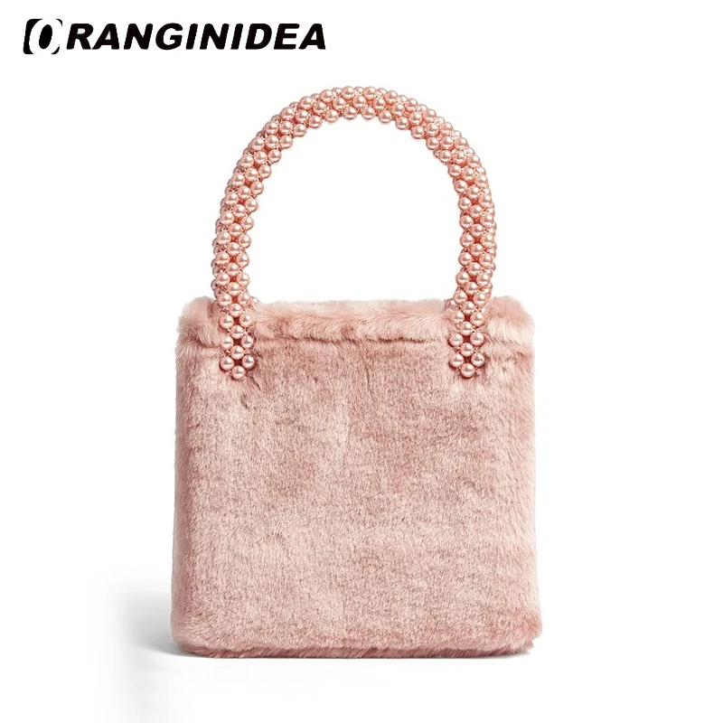 

Rabbit Fur Women Winter Handbags Pearl Top-handle Tote Bags Faux Fur Lady Handbag 2018 New Small Bag Pink White