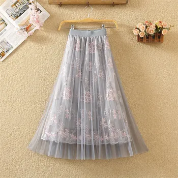 

Fashion Woman Flower Embroidery Mesh Double-layered Long Skirt Casual Elastic Band High Waist Lace Translucent Pleated Skirt