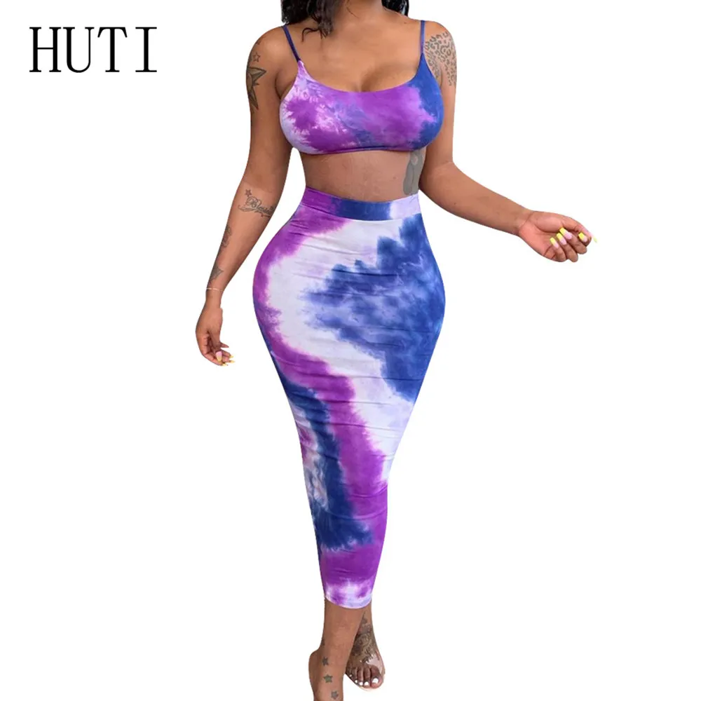 

HUTI Summer Sleeveless Sexy Two Pieces Sets Slim Dress Women Elegant Spaghetti Strap High Waist Casual Retro Party Dress Femme