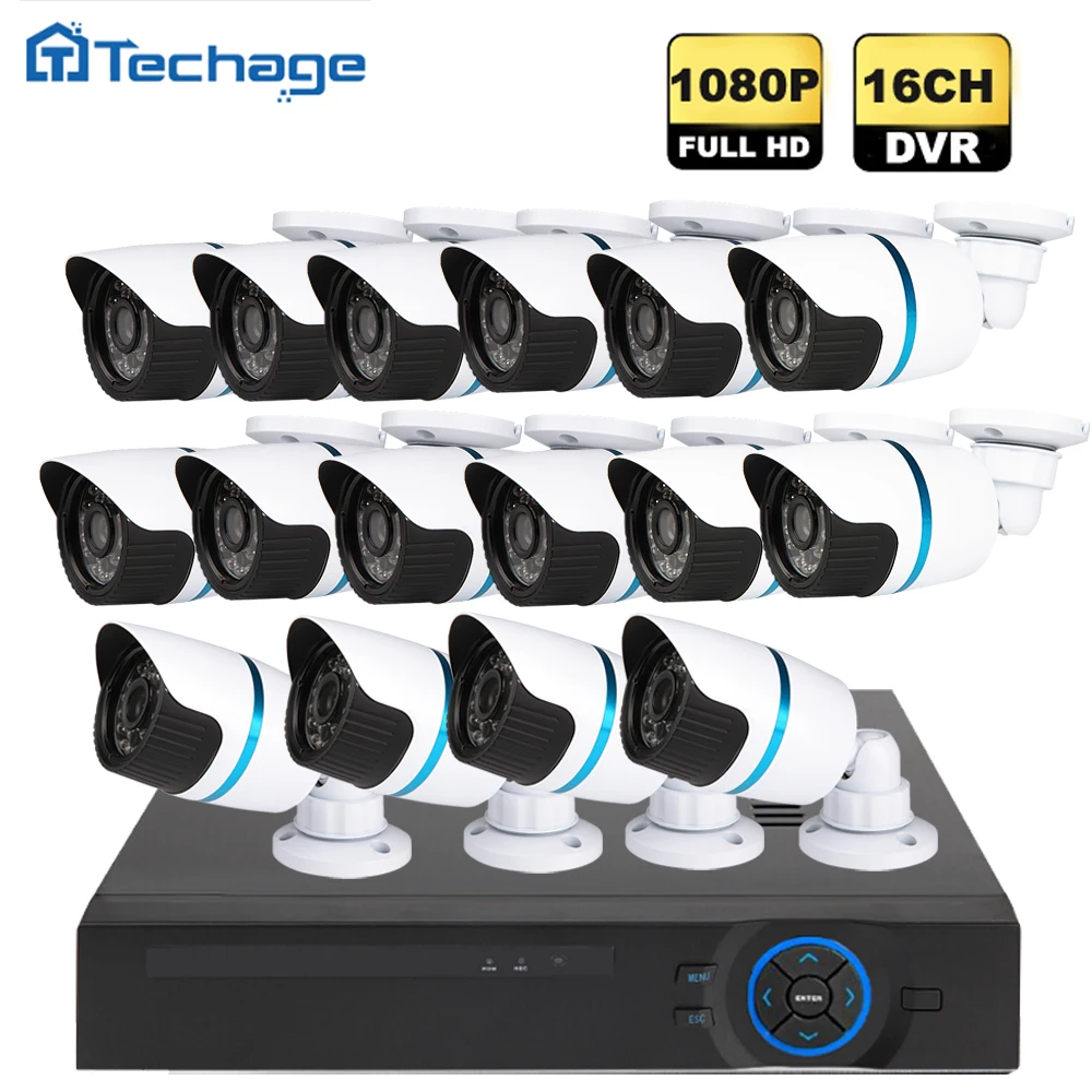 Techage AHD 16CH 1080P DVR NVR HVR 3 in 1 CCTV System 16pcs AHD-H 2.0MP Waterproof Night Vision Onvif P2P Camera Security Kits