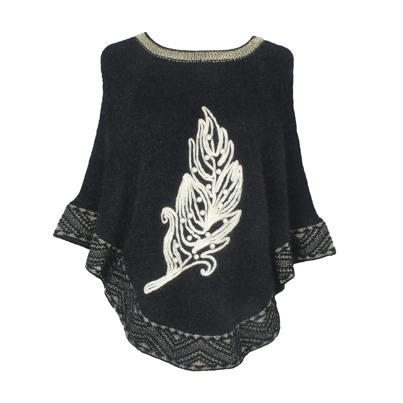New winter elegant embroidery peal leaf bat wing sleeve pullover lady cloak women sweater