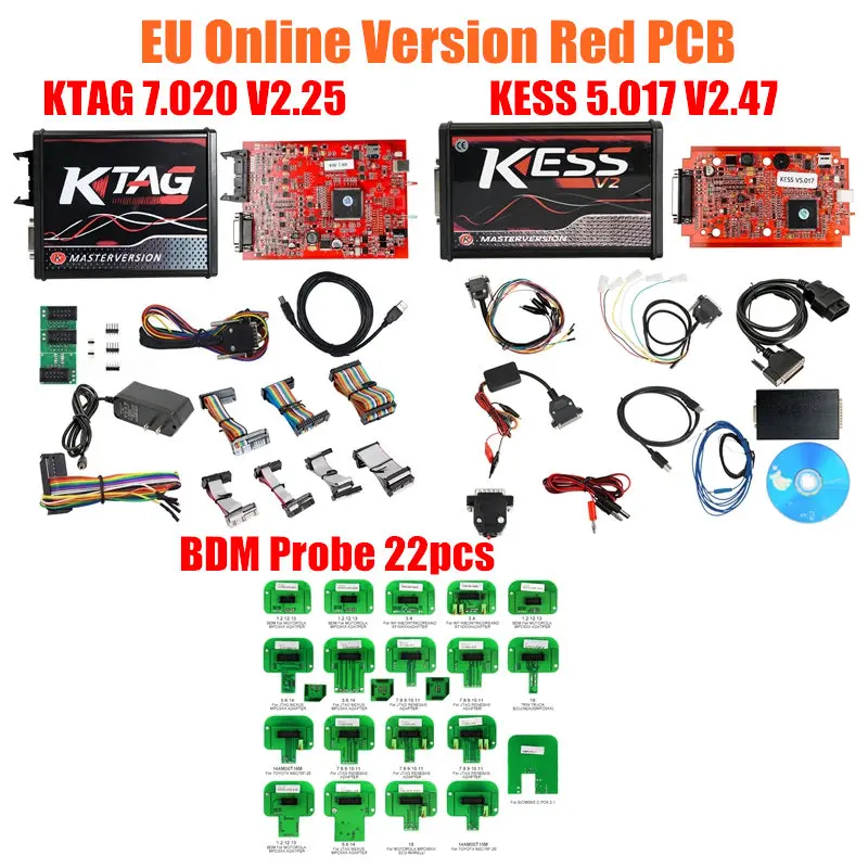 Новейший V2.47 KESS V2 V5.017 OBD2 менеджер ЕС Онлайн Красный PCB ECU программирование 4LED KTAG V2.25 7,020 Mater версия BDM зонд 22 шт - Цвет: KESS KTAG BDM22pcs