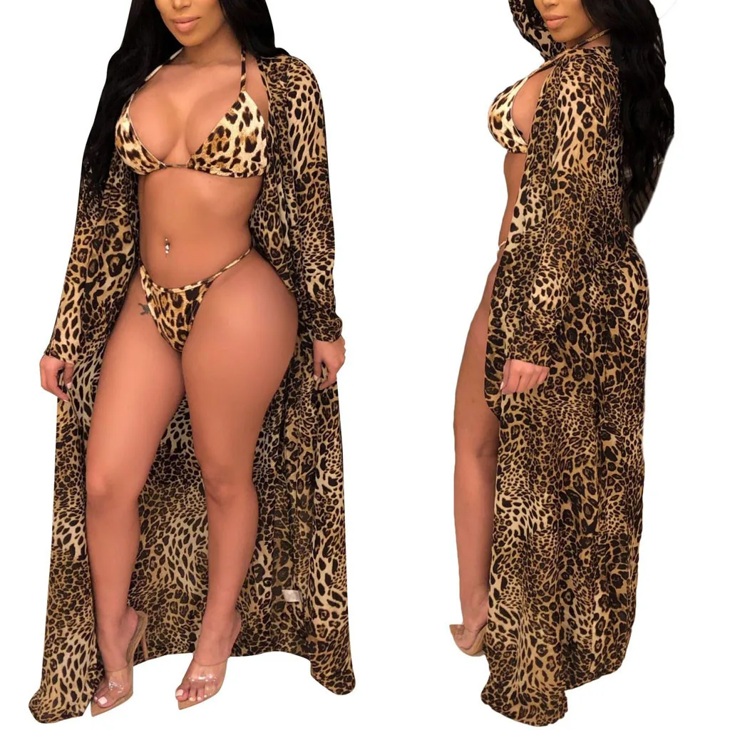 

biquini swimsuit women sexy leopard print bikini with cover up Women Leopard Printing Long Sleeves Bikini Suit Swimsuit #XTN