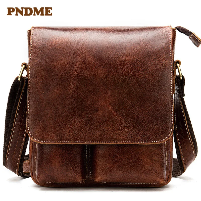

Business mad horse skin vertical single shoulder medium bag men's leather clamshell style simple cross-body bag