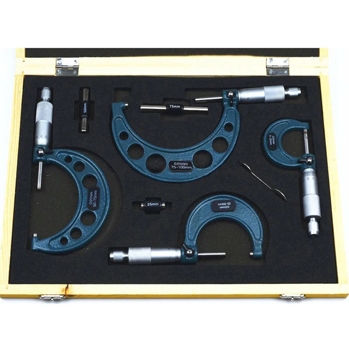 

4Pcs Outside Micrometer Set Ratchet Stop Type 0-100mm (0-25mm/25-50mm/50-75mm/75-100mm) Metal Gauge Standards Caliper