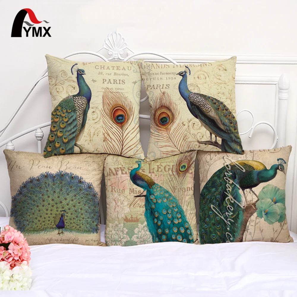 Buy Retro Images Peacock Printed Cotton Linen Sofa Cushion Cover Pillow