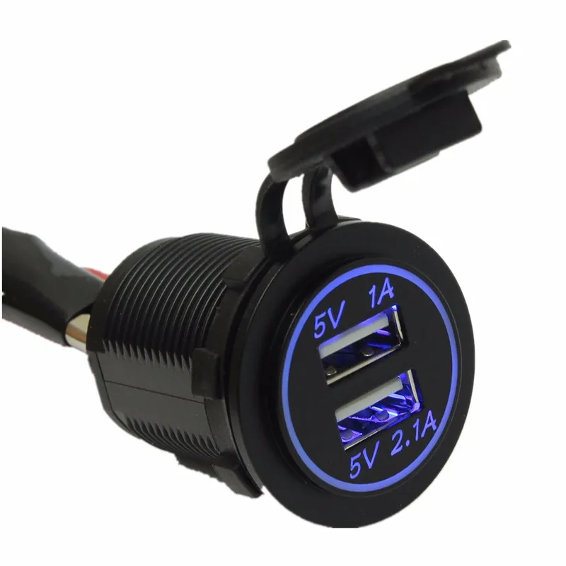 Waterproof DC 12V Universal Car USB Charger 5V 2.1A 1A Blue LED Dual