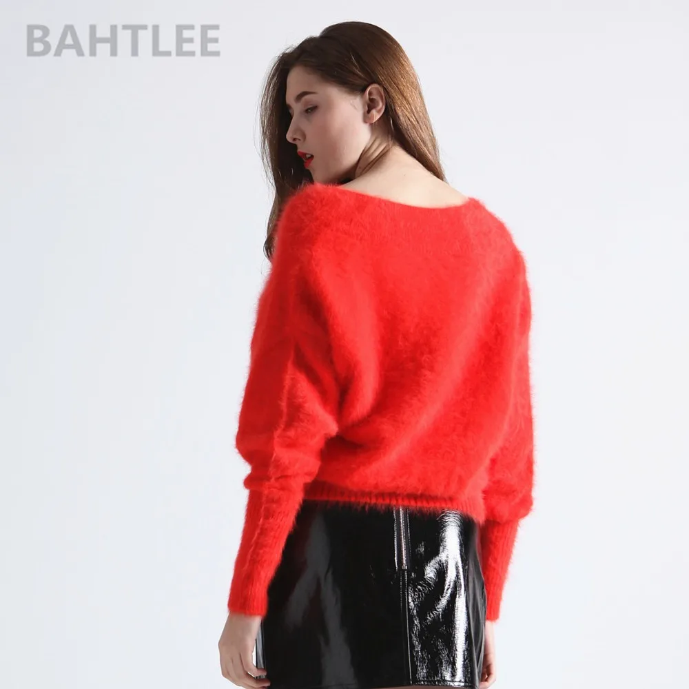 BAHTLEE осенне-зимний женский вязаный пуловер из ангорской кролики, свитер с v-образным вырезом, джемпер с рукавом летучая мышь, модный теплый свободный свитер