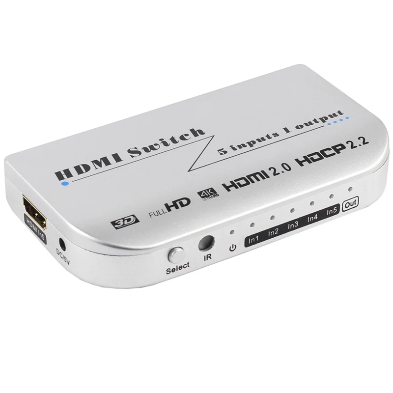 US Plug Hdmi переключатель 5X1 4K X 2 k@ 60Hz Hdmi 2,0 переключатель Hdr Hdcp 2,2 с ИК беспроводным пультом дистанционного управления и адаптером питания Full Hd 1080P - Цвет: US Plug