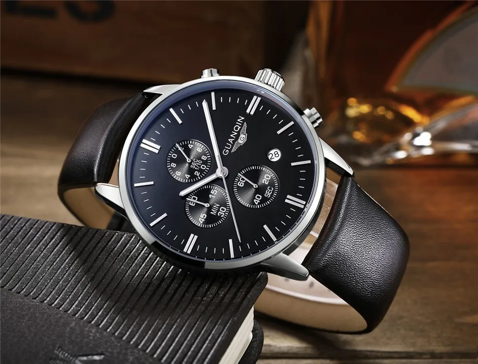 GUANQIN Quartz Watch Mens Watches Top Brand Luxury Chronograph Clock Men Sport Waterproof Leather Wristwatch relogio masculino