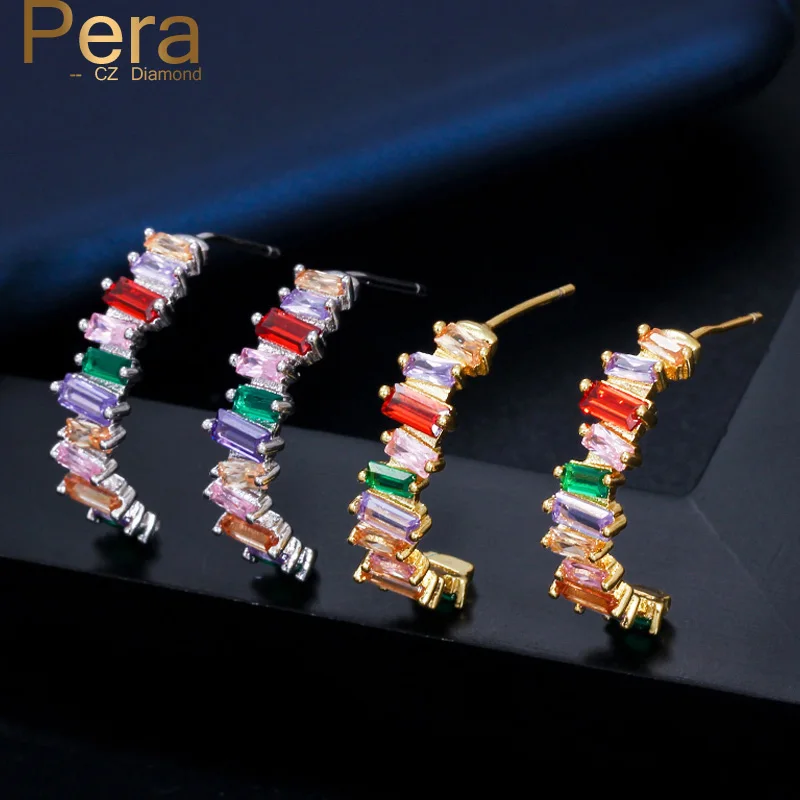 

Pera New Fashion Yellow Gold Jewelry Big Half Round Multi Color Cubic Zirconia Pave Elegant Women Hoop Earrings For Gift E399