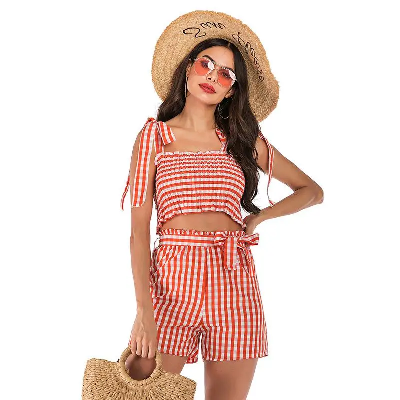 

2019 Ladies Summer New Vest Suit European And American Women's Fashion Lace Up Bow Belt Print Chiffon Shirt+plaid Shorts
