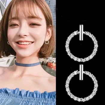 

Drop Shipping Fashion Silver Color Crystal Rhinestone Geometric Round Stud Earrings For Women Beautiful Jewelry