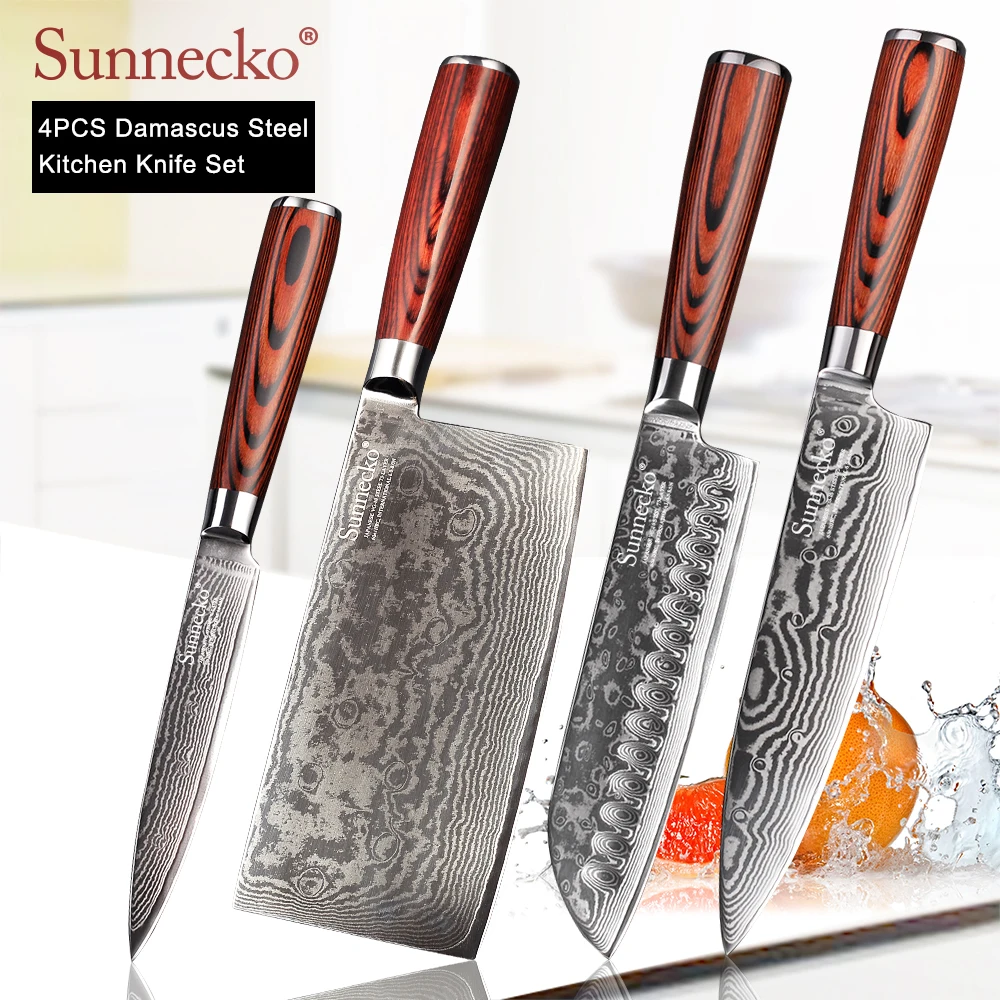 

SUNNECKO 4PCS Kitchen Knives Set Cleaver Utility Chef Santoku Damascus Cut Knife Japanese VG10 Steel Pakka Wood Handle Cooking