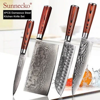 

SUNNECKO 4PCS Kitchen Knives Set Cleaver Utility Chef Santoku Damascus Cut Knife Japanese VG10 Steel Pakka Wood Handle Cooking