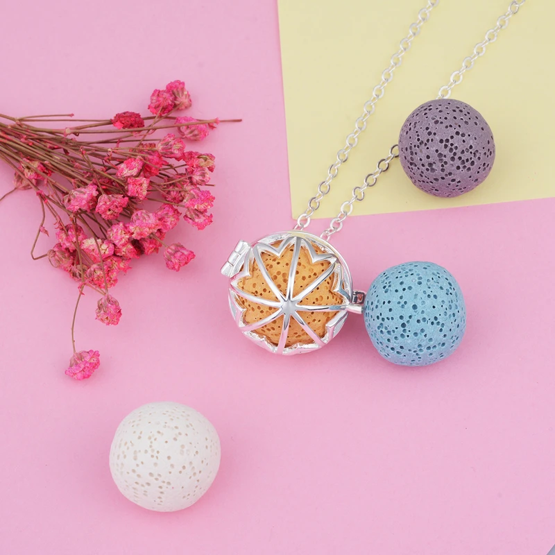 

EUDORA 20mm Cage Pendant Aroma Diffuser Necklace Silver Plated Pendant Floating Locket with 5PC Lava Stone Volcanic Necklace