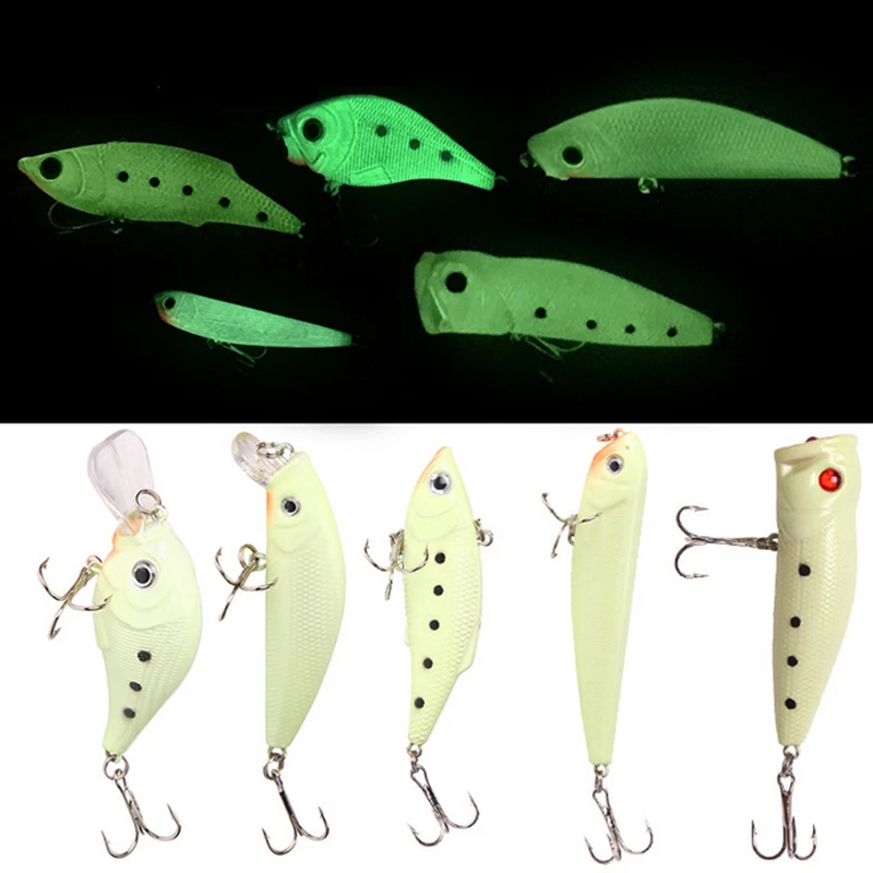 

5pcs/lot Luminous Minnow/Popper/VIB/Pencil/Crank Hard Bait Mixed Types Fishing Lures Bass For Ocean River Fishing Tackles