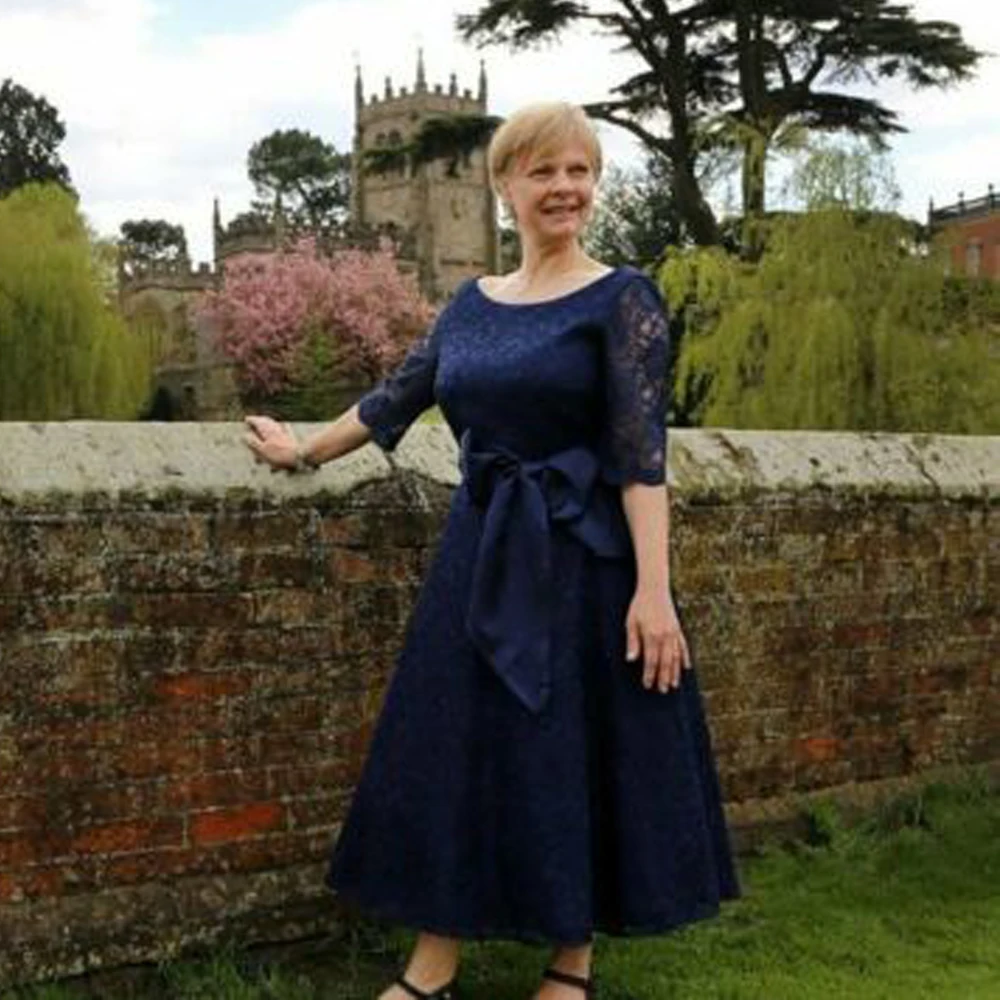 

Navy Blue Lace Mother of the Bride Dresses Half Sleeves Ankle Length Plus Size