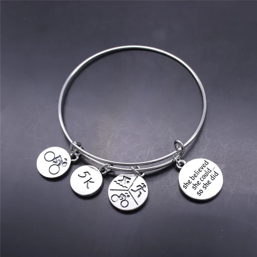 

Custom Stamped DIY She Believed She Could She Did Triathlon Marathon Gym Dangle Charm Bangles Inspirational Jewelry For Girl