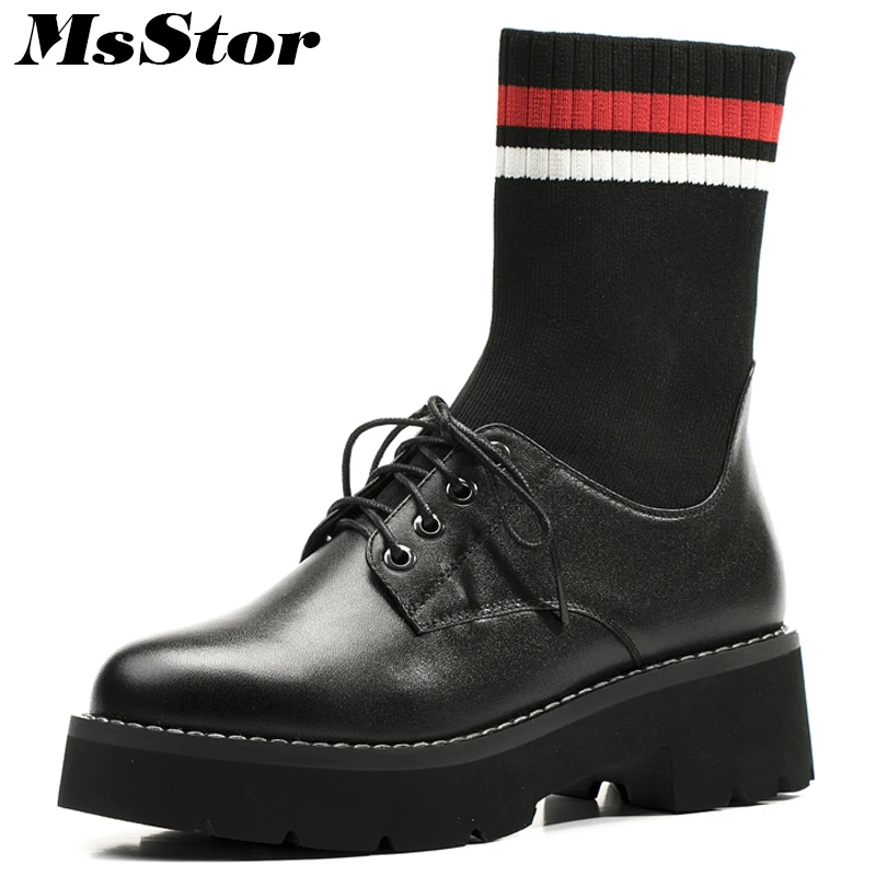 

Msstor Women Boots 2018 Fashion Round Toe Square heel Ankle Boots Women Shoes Mixed Colors Med Heel knitting Boot Shoes For Girl