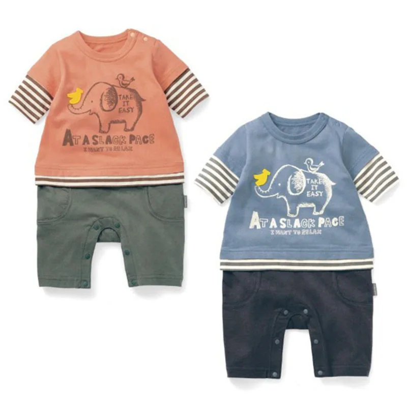 

3-24M Baby Rompers Cotton Stitching Clothes Print Elephant Animal Pattern Half Sleeve Crawling Clothes 2 Colors 1 Set HB067
