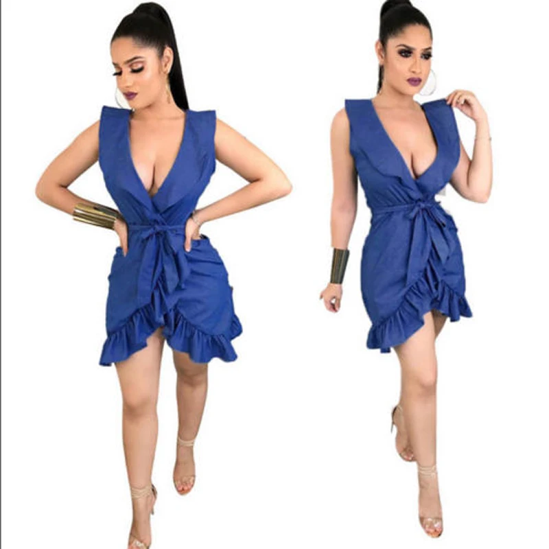 

2018 New Style Women Sleeveless Holiday Sleeveless Deep V-neck Denim Dress Ladies Summer Ruffles Beach Sundress