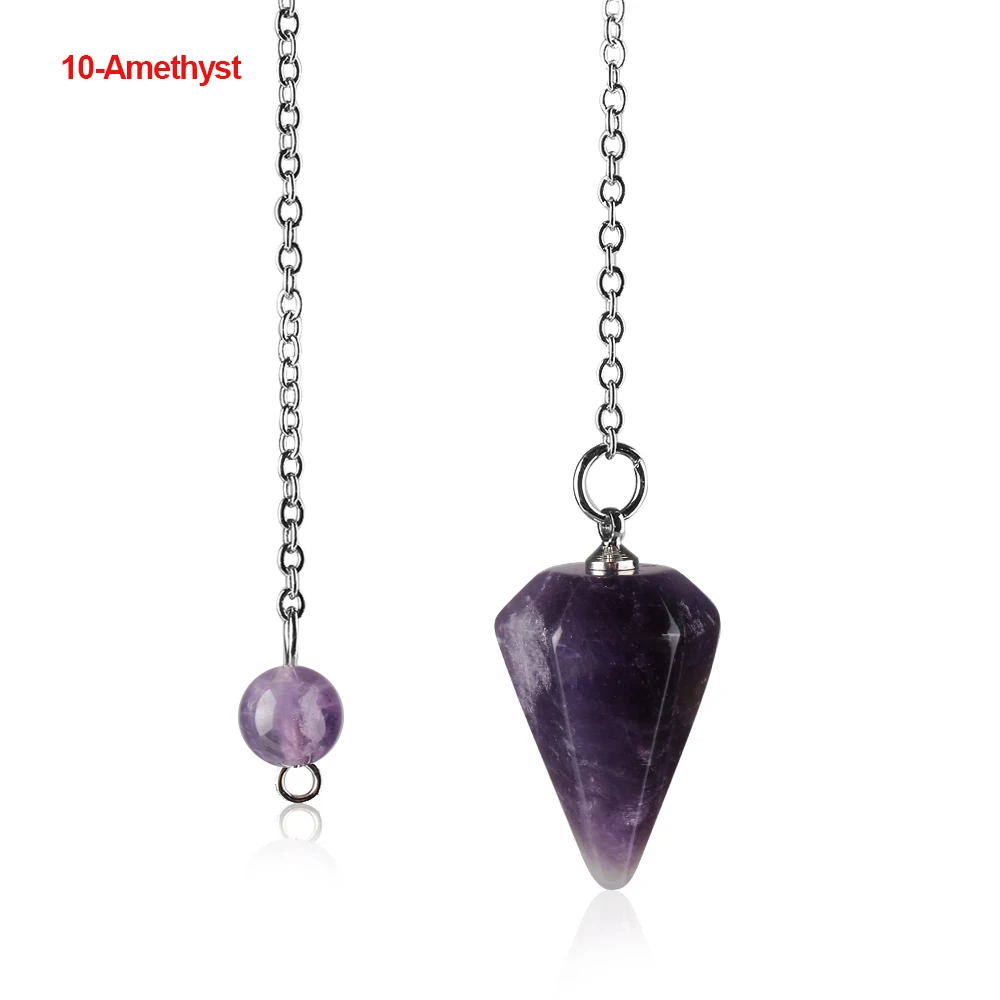 Natural Stone Reiki Pendulum Pendant Healing Crystal Amulet Gemstone Rock Hexagon Pyramid Rose Quartz Amethyst Turquoise - Color: 10-Amethyst