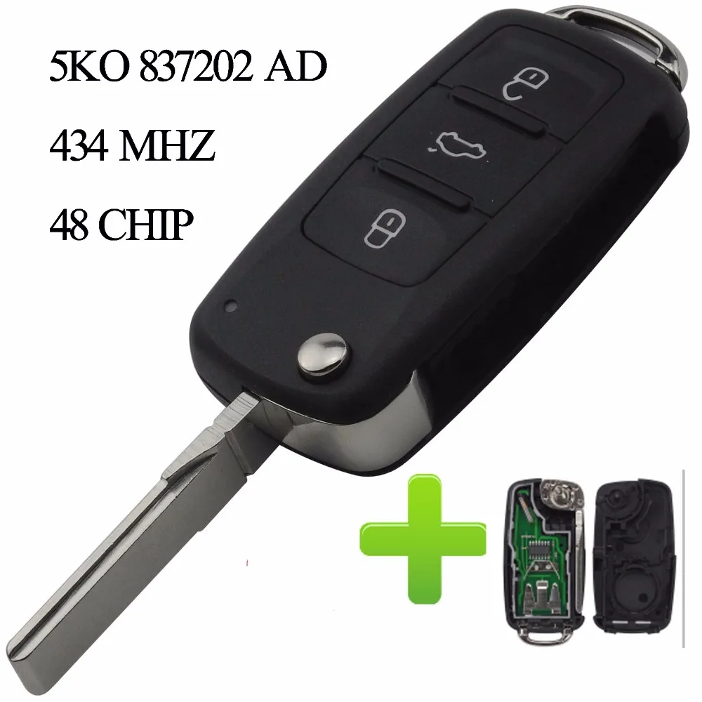 

3 Buttons Flip Fob Folding Car Key Case Cover Shell for Seat for Skoda ( 5K0837202AD )for VW Remote 434MHZ With ID48