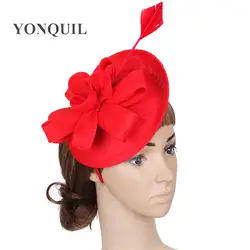 Имитация Sinamay fascinators база с перо свадебные головные уборы События Случаю церкви шапки красный аксессуары для волос Розничная продажа 15