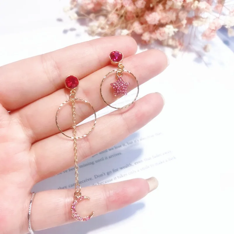 

2019 New Hot Design Asymmetric Sweet Sweet Earrings For Women Trendy Gold Silver Crystal Stars Moon Gifts
