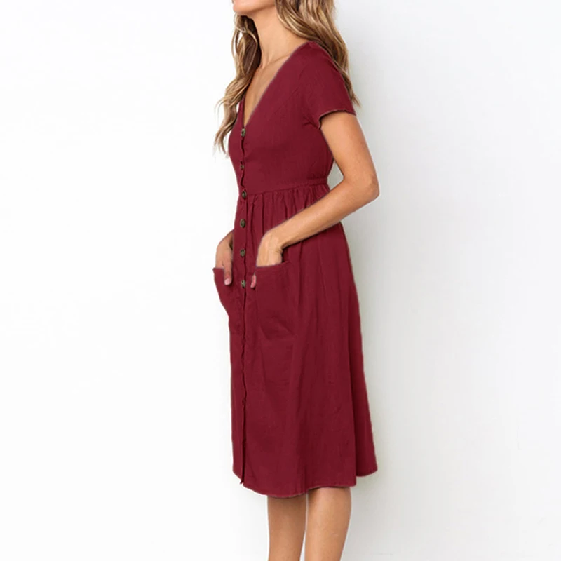 Women's Sexy Summer Dresses 2019 Boho Short Sleeve Button Solid Midi Dress Sundress With Pockets Lady Beach Party Dress Vestidos