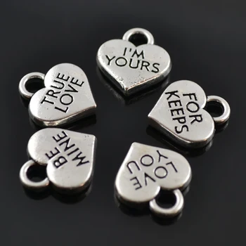

RAINXTAR Double Sided Heart Charms Be Mine/True Love/For Keeps/Love You/I am Yours Alloy Message Charms 14*16mm AAC535