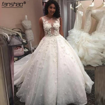 

See Through Wedding Dresses O-Neck Tulle Appliques Ball Gown Illusion Vestido De Noiva Boho Dubai Arabic Wedding Gown Bridal