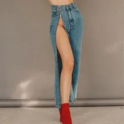 Пикантные Разделение молнии джинсы Для женщин Винтаж Высокая талия широкие брюки джинсовые штаны модные женские штаны свободного кроя