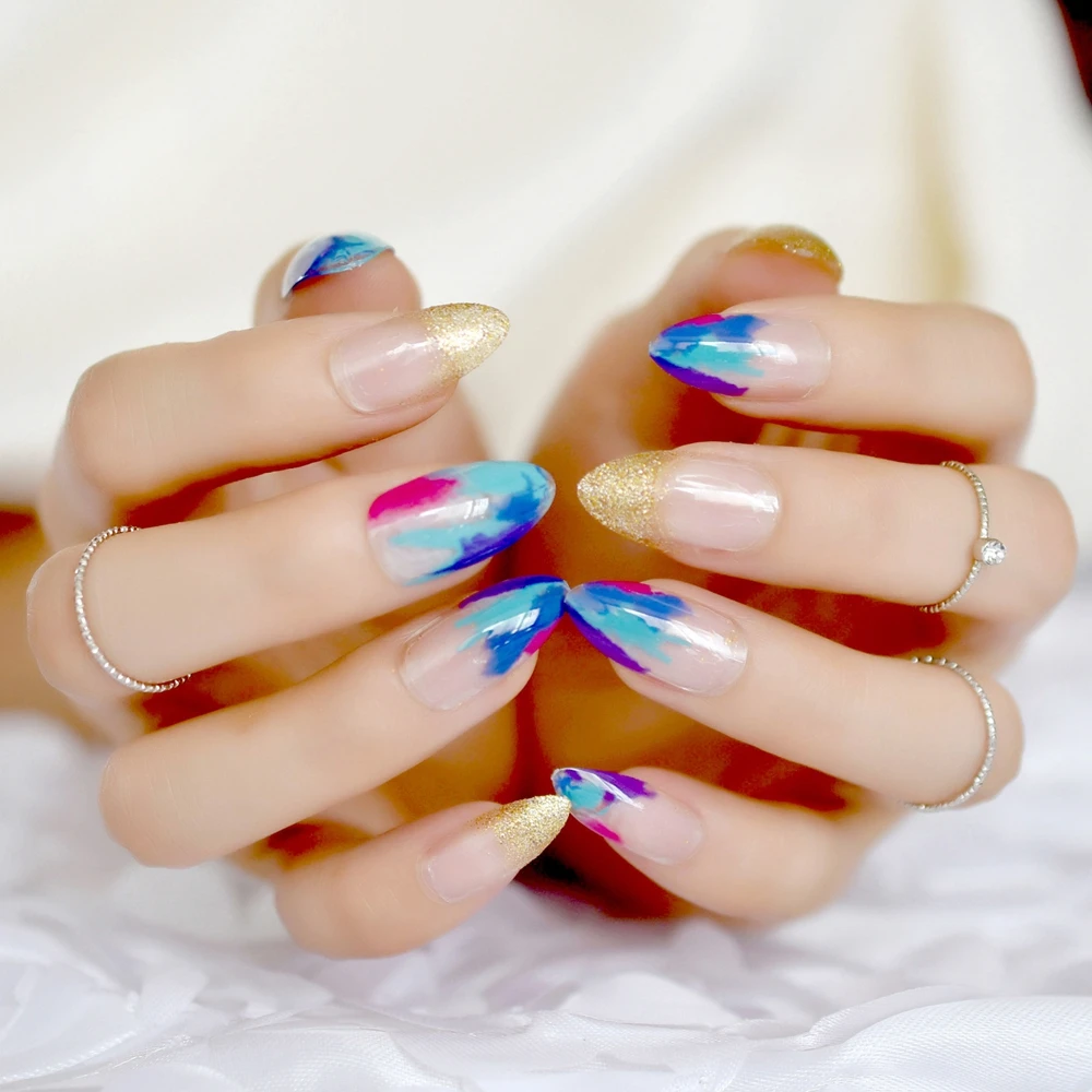 

Almond Art Colorful Artificial Nail Tips Medium Long Shiny Desiged Full Cover Fake Nail Popular Giltter Nail Art Tips